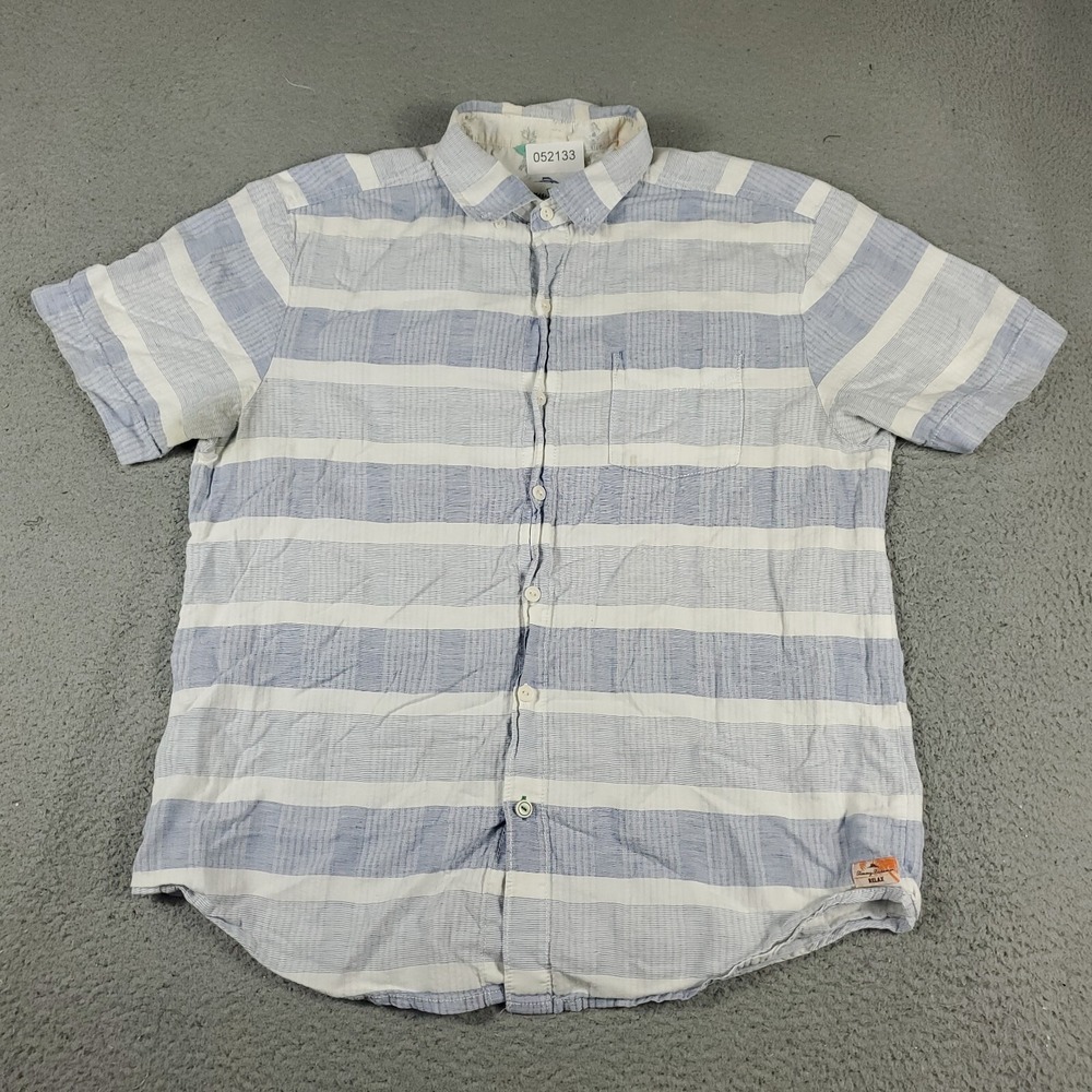 Tommy Bahama Shirt Mens Large Blue Striped Cotton Blend Button Up Short Sleeve *